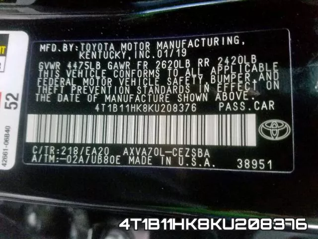 4T1B11HK8KU208376 фото 2