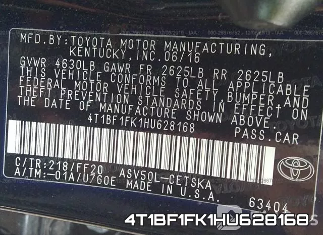 4T1BF1FK1HU628168 фото 9