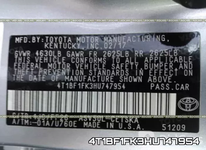 4T1BF1FK3HU747954 фото 10