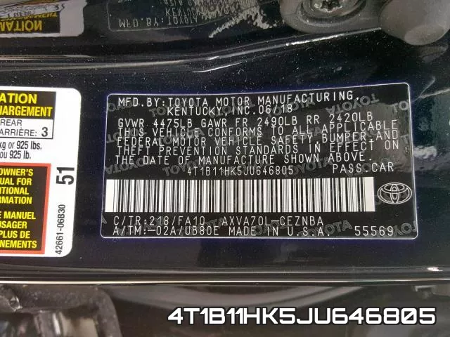 4T1B11HK5JU646805 фото 2