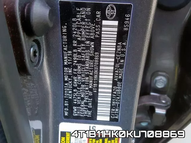 4T1B11HK0KU708869 фото 2