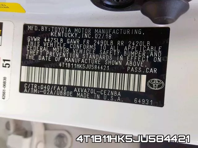 4T1B11HK5JU584421 фото 2