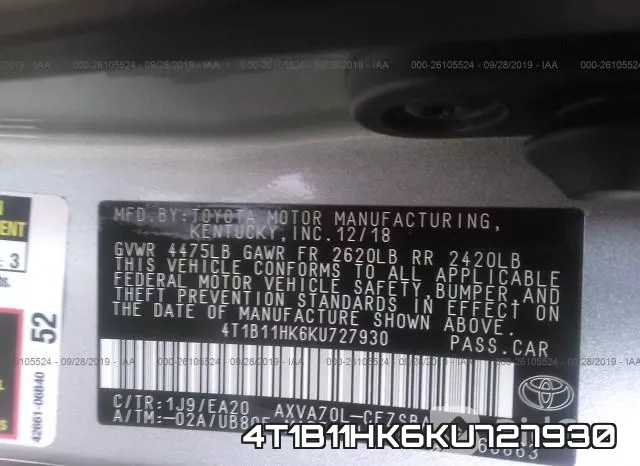 4T1B11HK6KU727930 фото 8