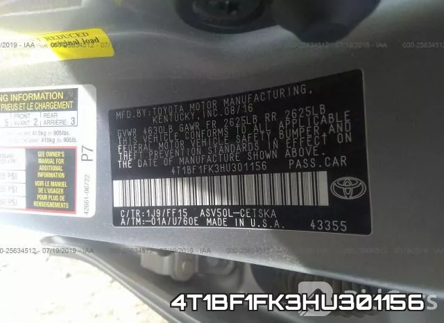 4T1BF1FK3HU301156 фото 8