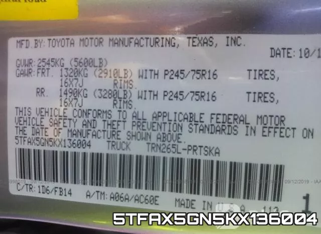 5TFAX5GN5KX136004 фото 9