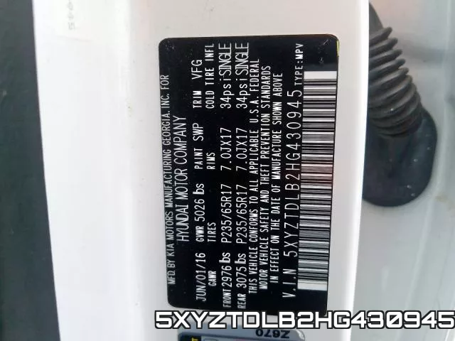 5XYZTDLB2HG430945 фото 2