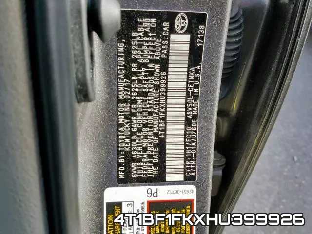 4T1BF1FKXHU399926 фото 2