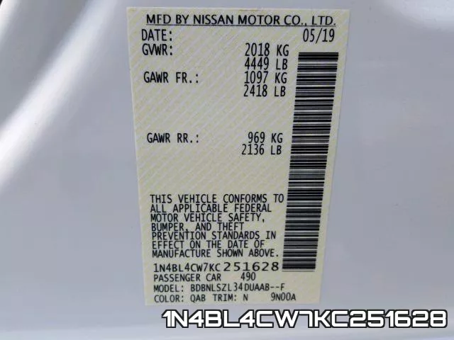 1N4BL4CW7KC251628 фото 2