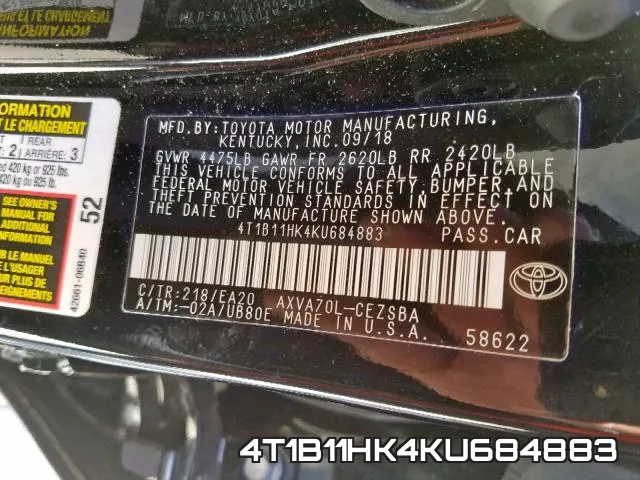 4T1B11HK4KU684883 фото 2