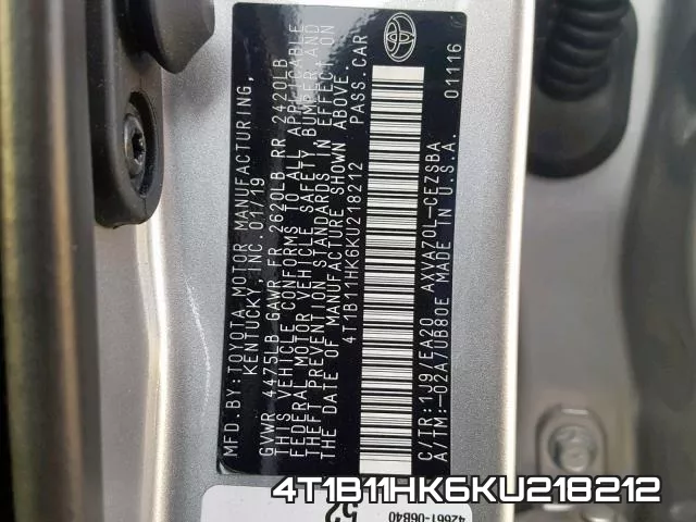 4T1B11HK6KU218212 фото 2