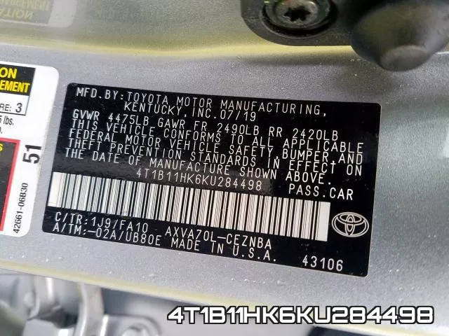 4T1B11HK6KU284498 фото 2