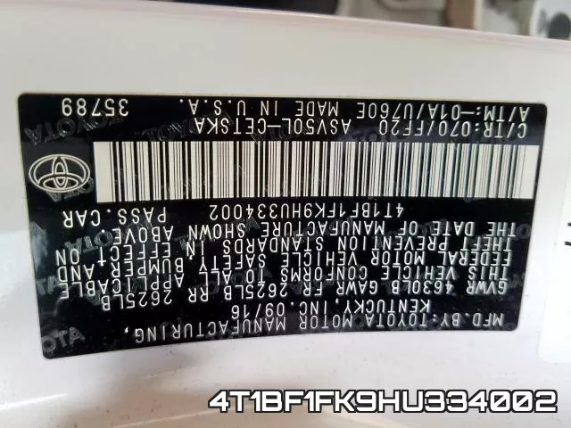 4T1BF1FK9HU334002 фото 2