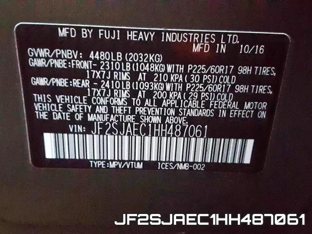 JF2SJAEC1HH487061 фото 2