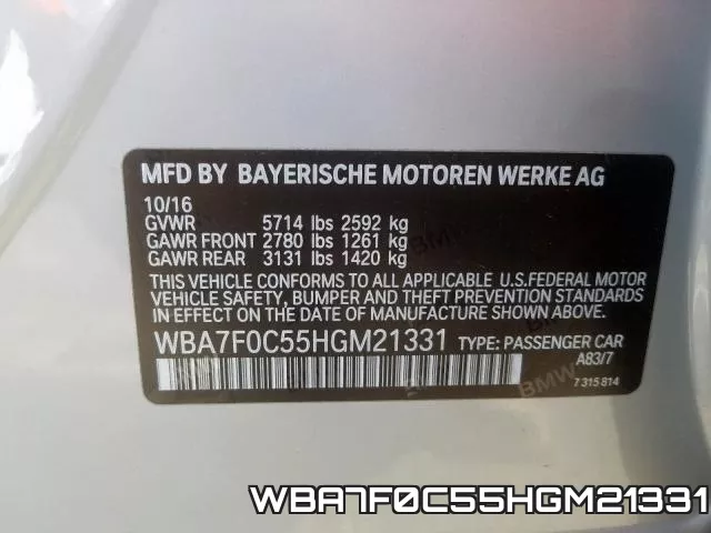 WBA7F0C55HGM21331 фото 2