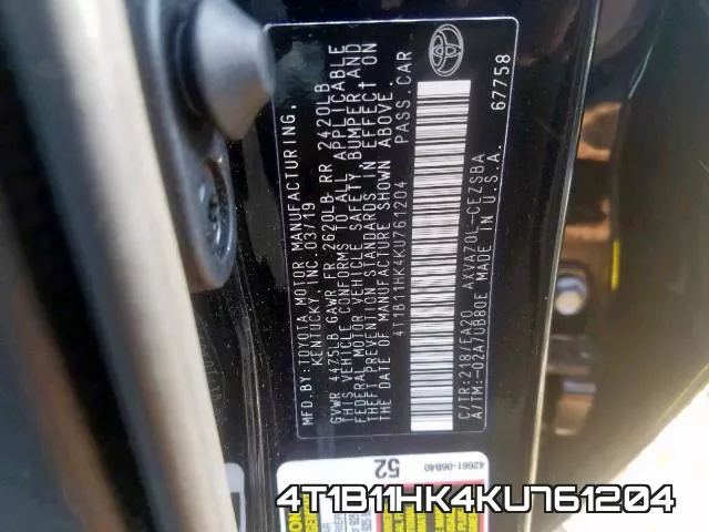 4T1B11HK4KU761204 фото 2