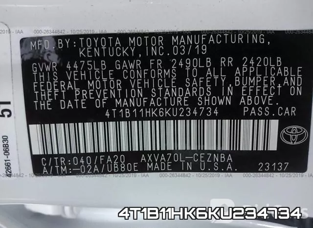 4T1B11HK6KU234734 фото 4