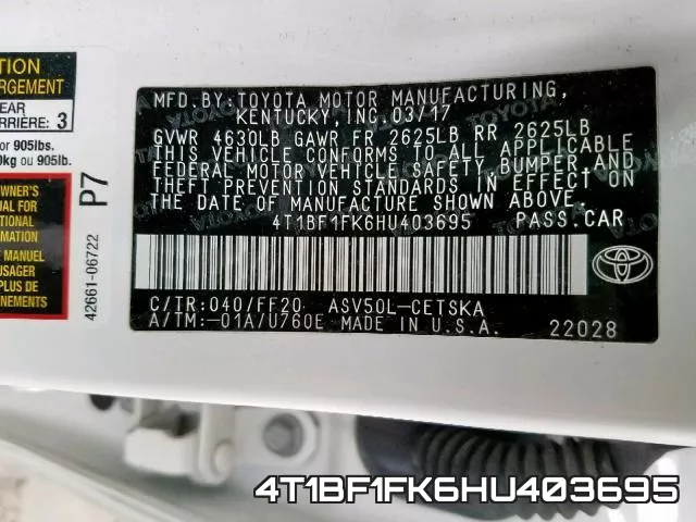 4T1BF1FK6HU403695 фото 2