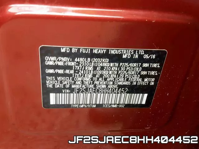 JF2SJAEC8HH404452 фото 2