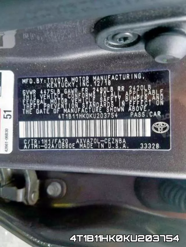 4T1B11HK0KU203754 фото 2