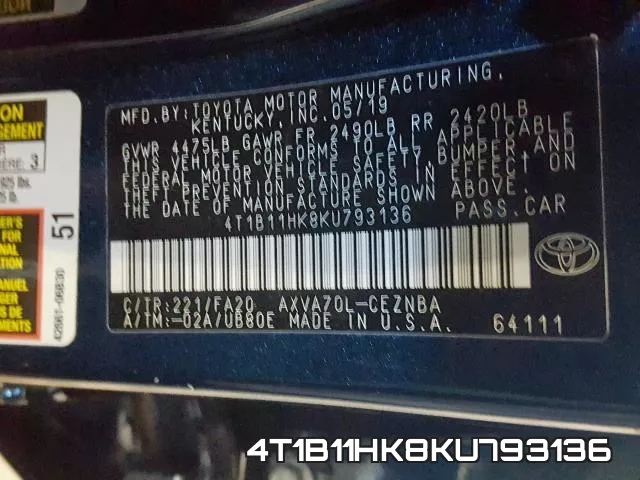 4T1B11HK8KU793136 фото 2