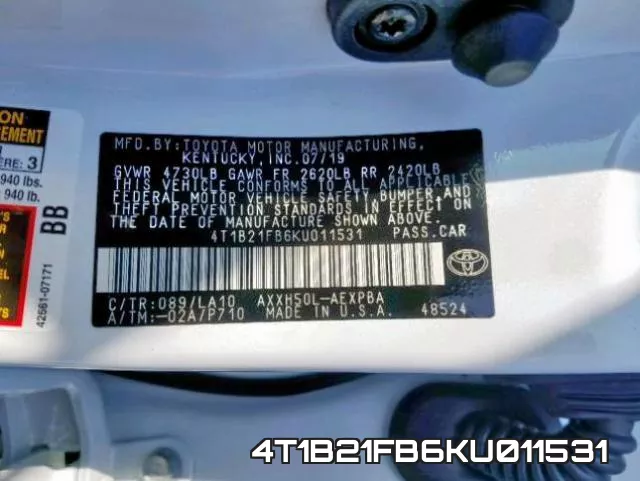 4T1B21FB6KU011531 фото 2