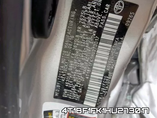 4T1BF1FK1HU273017 фото 2
