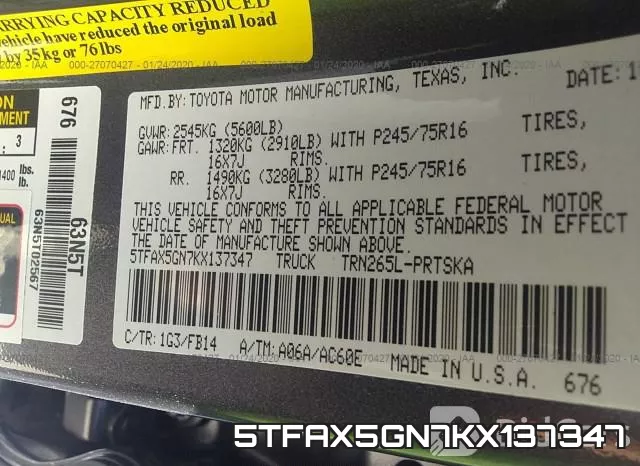 5TFAX5GN7KX137347 фото 6