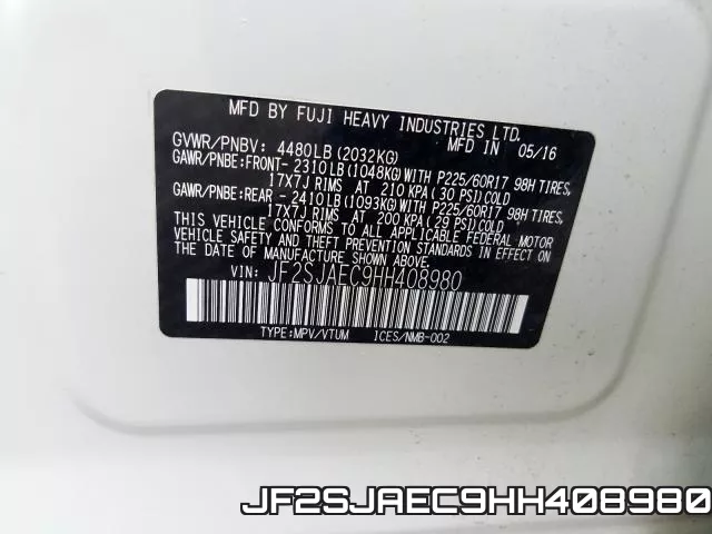 JF2SJAEC9HH408980 фото 2