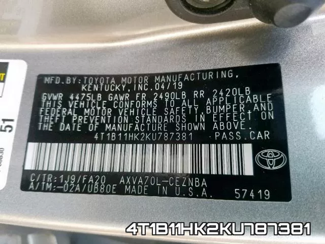 4T1B11HK2KU787381 фото 2