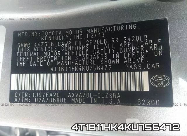 4T1B11HK4KU756472 фото 9