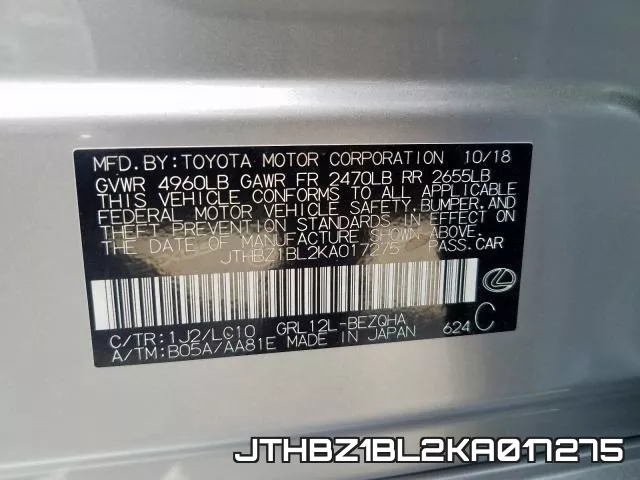 JTHBZ1BL2KA017275 фото 2