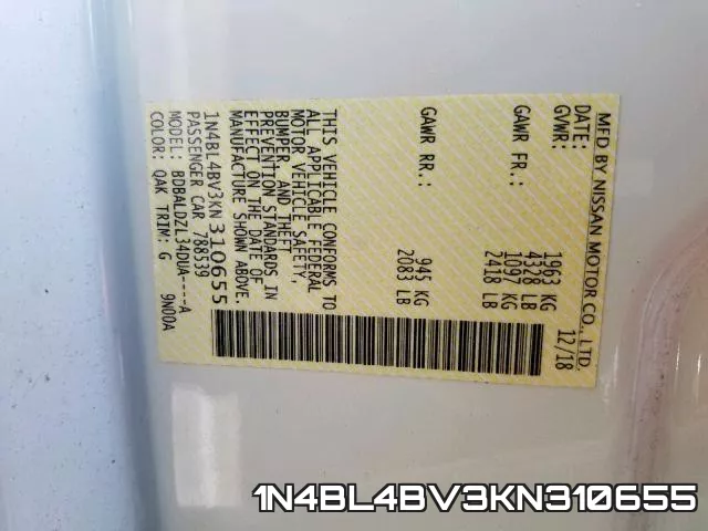 1N4BL4BV3KN310655 фото 2