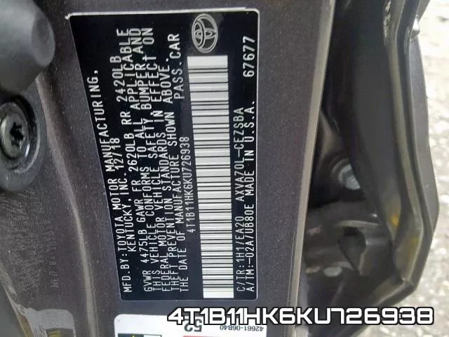 4T1B11HK6KU726938 фото 2