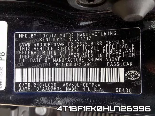 4T1BF1FK0HU726396 фото 2