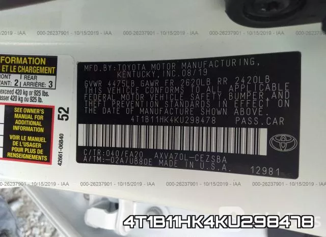 4T1B11HK4KU298478 фото 10