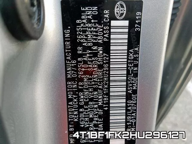 4T1BF1FK2HU296127 фото 2