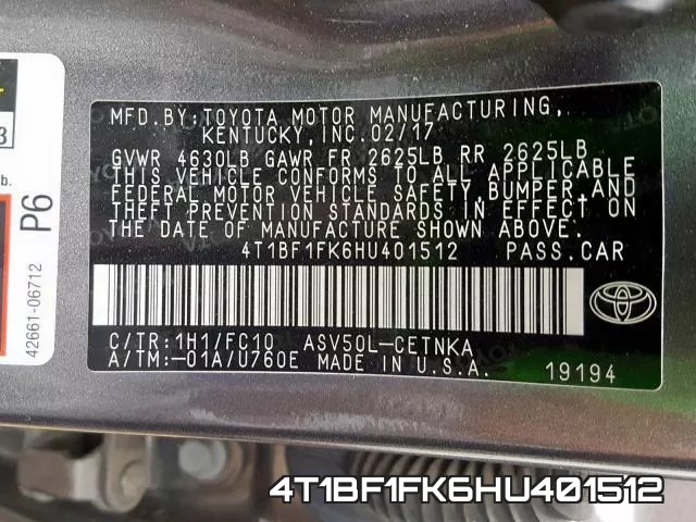 4T1BF1FK6HU401512 фото 2
