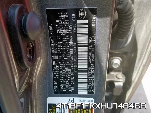 4T1BF1FKXHU748468 фото 2