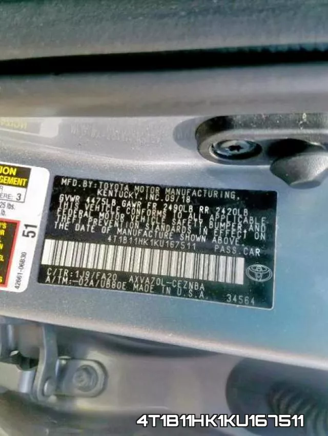 4T1B11HK1KU167511 фото 2
