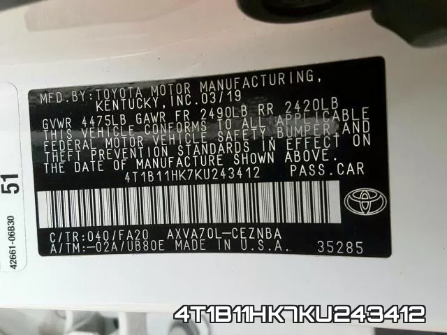 4T1B11HK7KU243412 фото 2