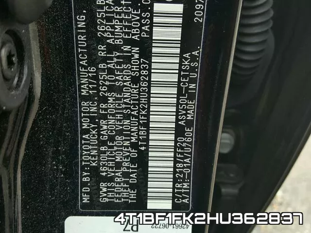 4T1BF1FK2HU362837 фото 2