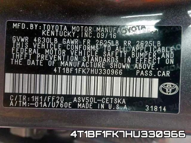 4T1BF1FK7HU330966 фото 2