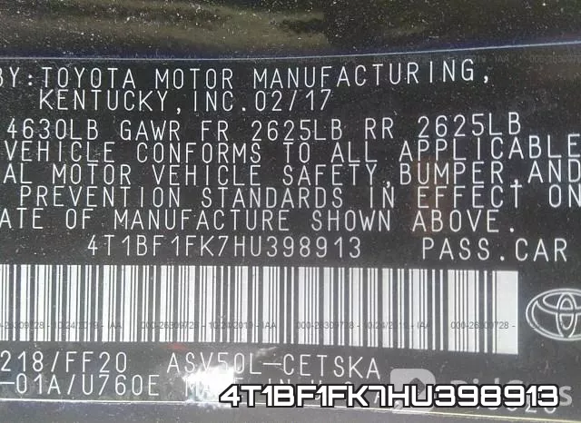 4T1BF1FK7HU398913 фото 10