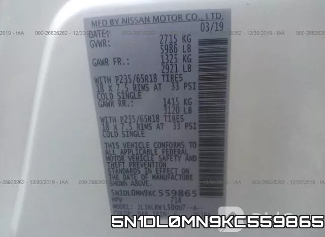 5N1DL0MN9KC559865 фото 9