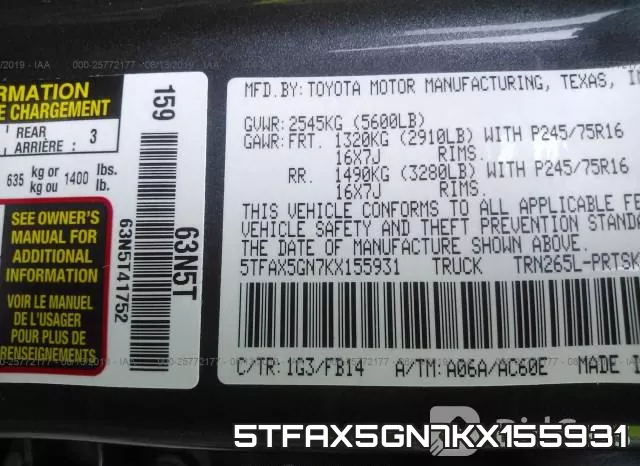 5TFAX5GN7KX155931 фото 8