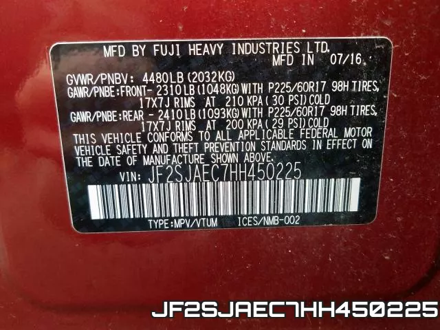 JF2SJAEC7HH450225 фото 2