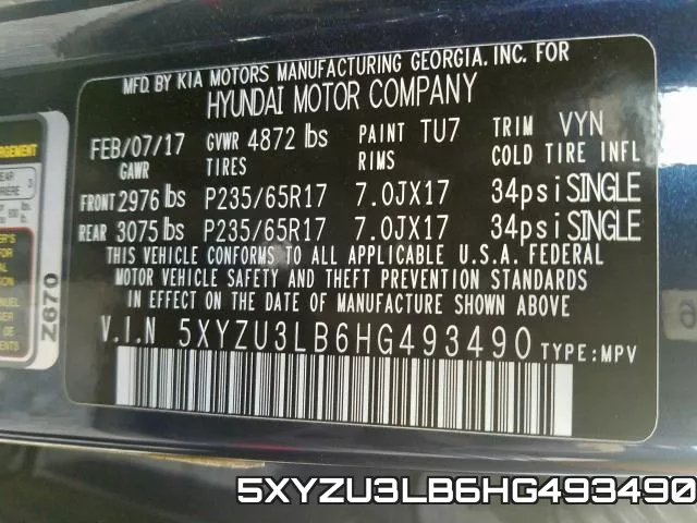 5XYZU3LB6HG493490 фото 2