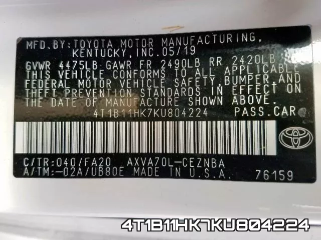 4T1B11HK7KU804224 фото 2