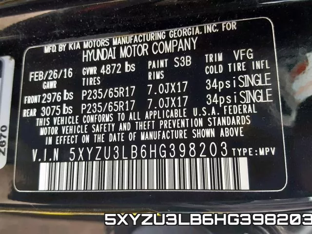 5XYZU3LB6HG398203 фото 2
