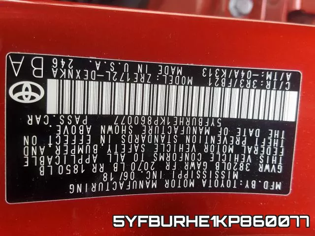 5YFBURHE1KP860077 фото 2